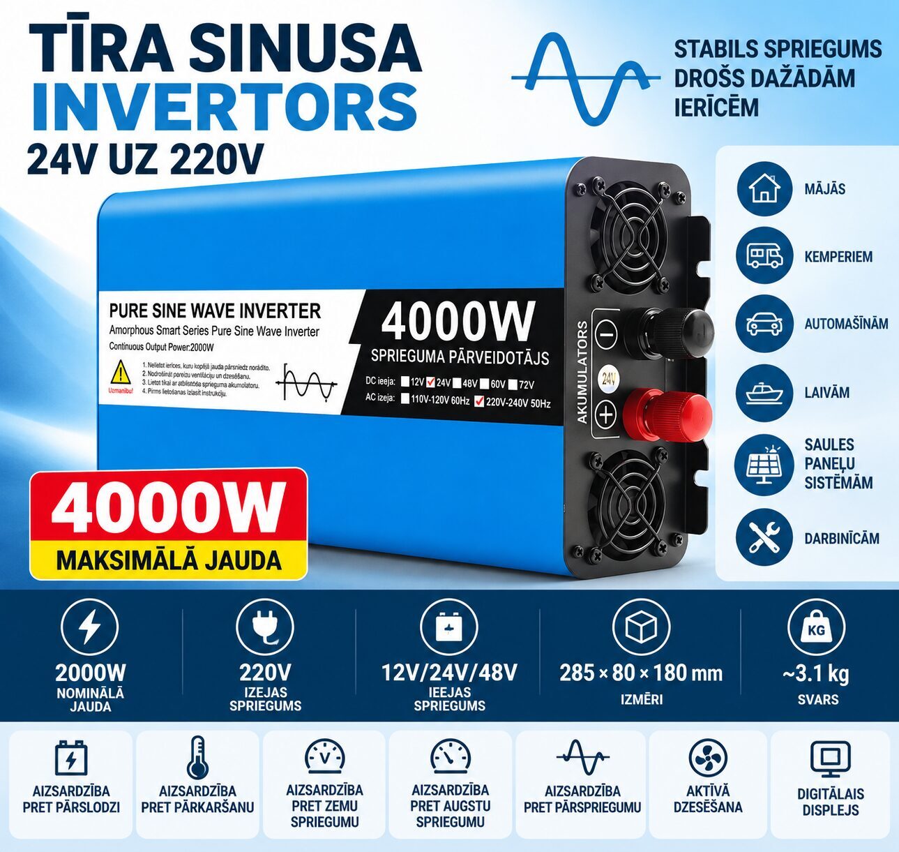 POWGROW 5000W tīra sinusa sprieguma pārveidotājs