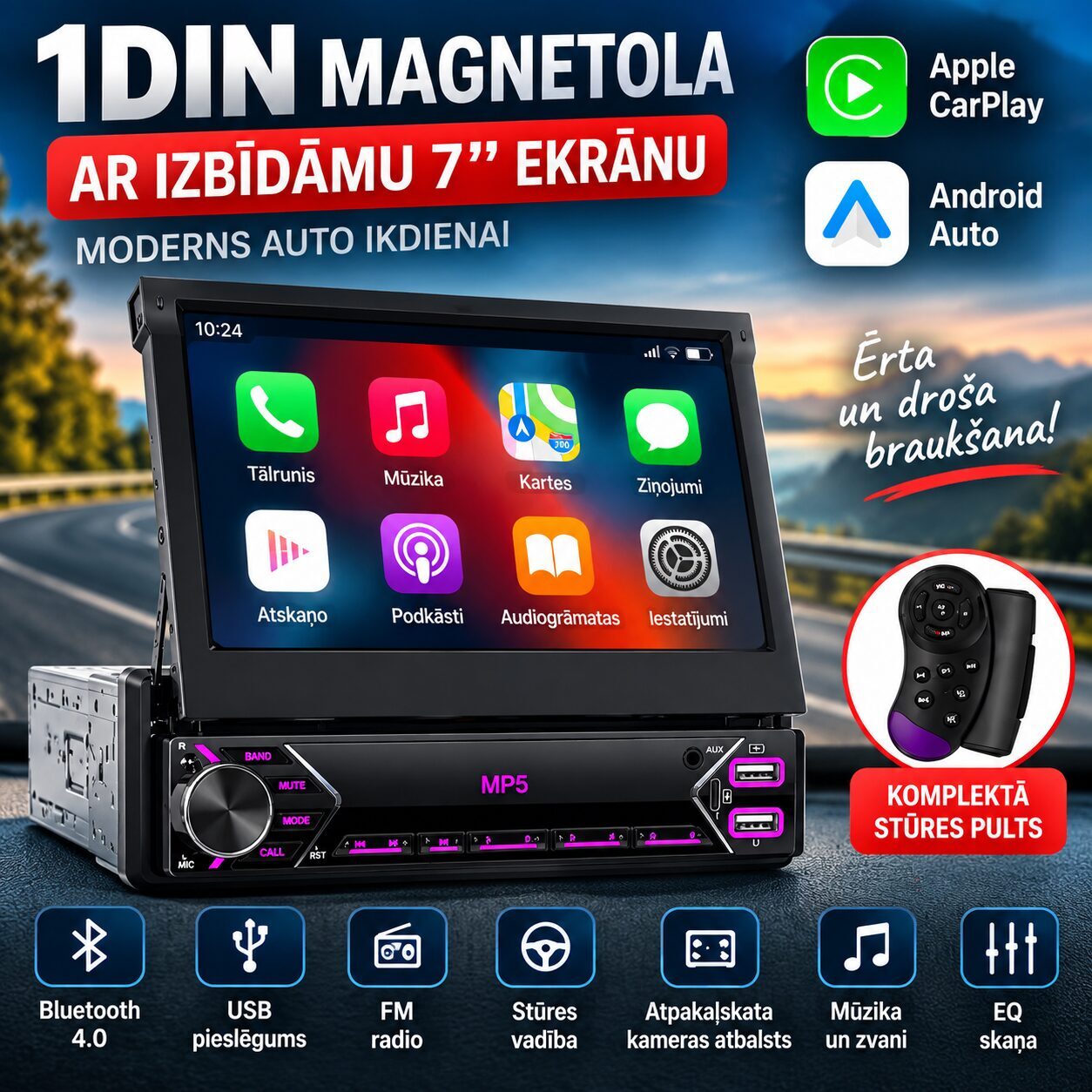 1DIN auto magnetola 7" ar Apple